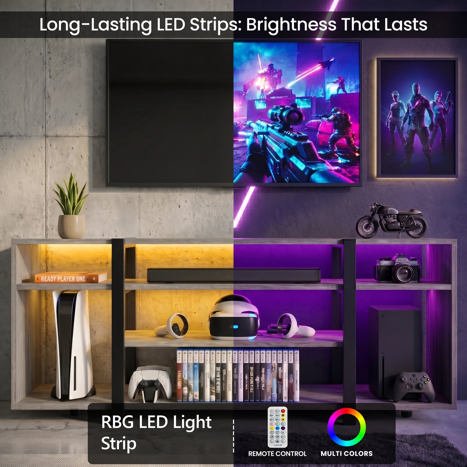 [Wooden Grey] Zelumi TV stand split-view showing warm yellow and purple RGB LED lighting modes with gaming consoles and accessories on open shelves