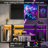 [Wooden Grey] Zelumi TV stand split-view showing warm yellow and purple RGB LED lighting modes with gaming consoles and accessories on open shelves