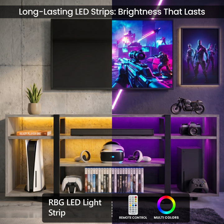 [Wooden Grey] Zelumi TV stand split-view showing warm yellow and purple RGB LED lighting modes with gaming consoles and accessories on open shelves