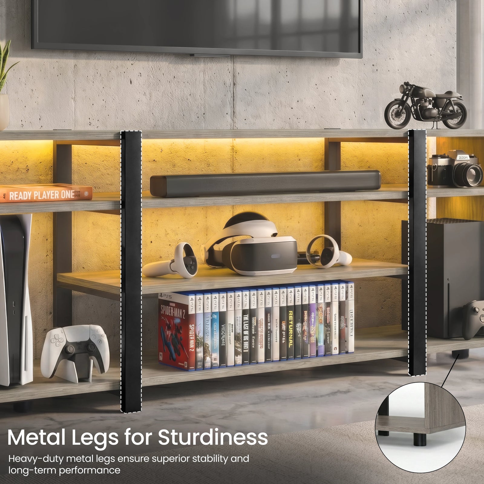 [Wooden Grey] Modern entertainment console with metal legs, books, and electronic devices in a living room setting.