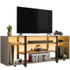 [Wooden Grey] Zelumi TV stand on white background with TV placed on top, warm LED shelves loaded with consoles, VR gear, soundbar and game cases