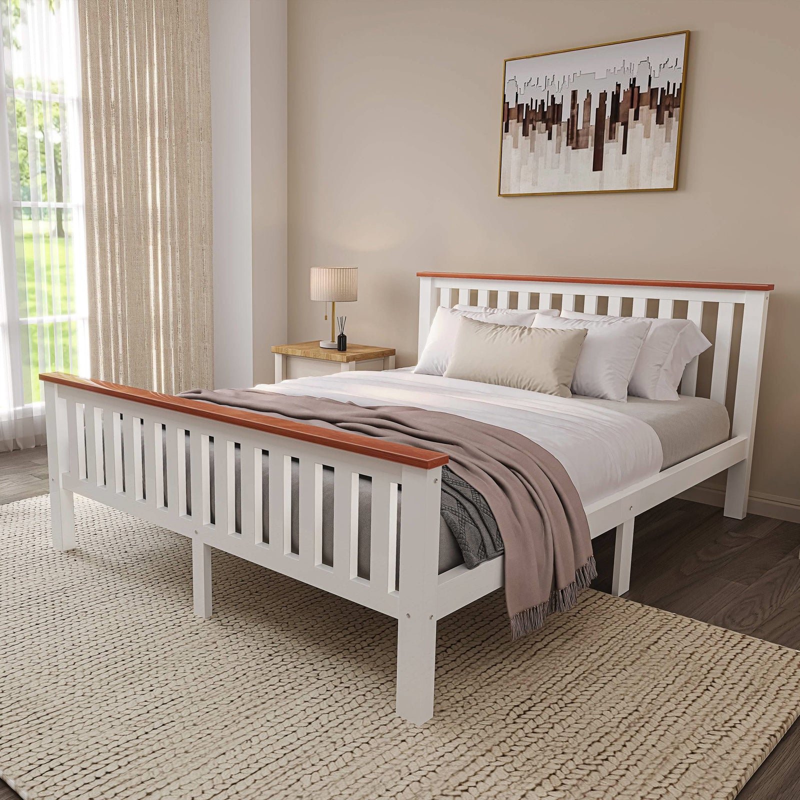 [White + Pine | King] White shaker wooden bed frame with pine-topped headboard and footboard in bedroom with framed artwork