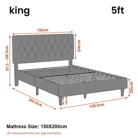 Chesterfield velvet upholstered bed frame with adjustable headboard in king size, 5ft wide with tufted design, shown with full dimensions in cm.