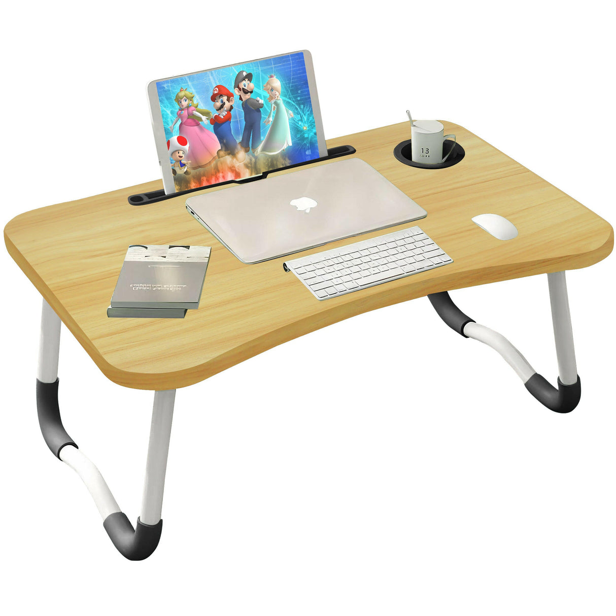 Wooden laptop table with cup holder, tablet slot, and sturdy legs for versatile use.