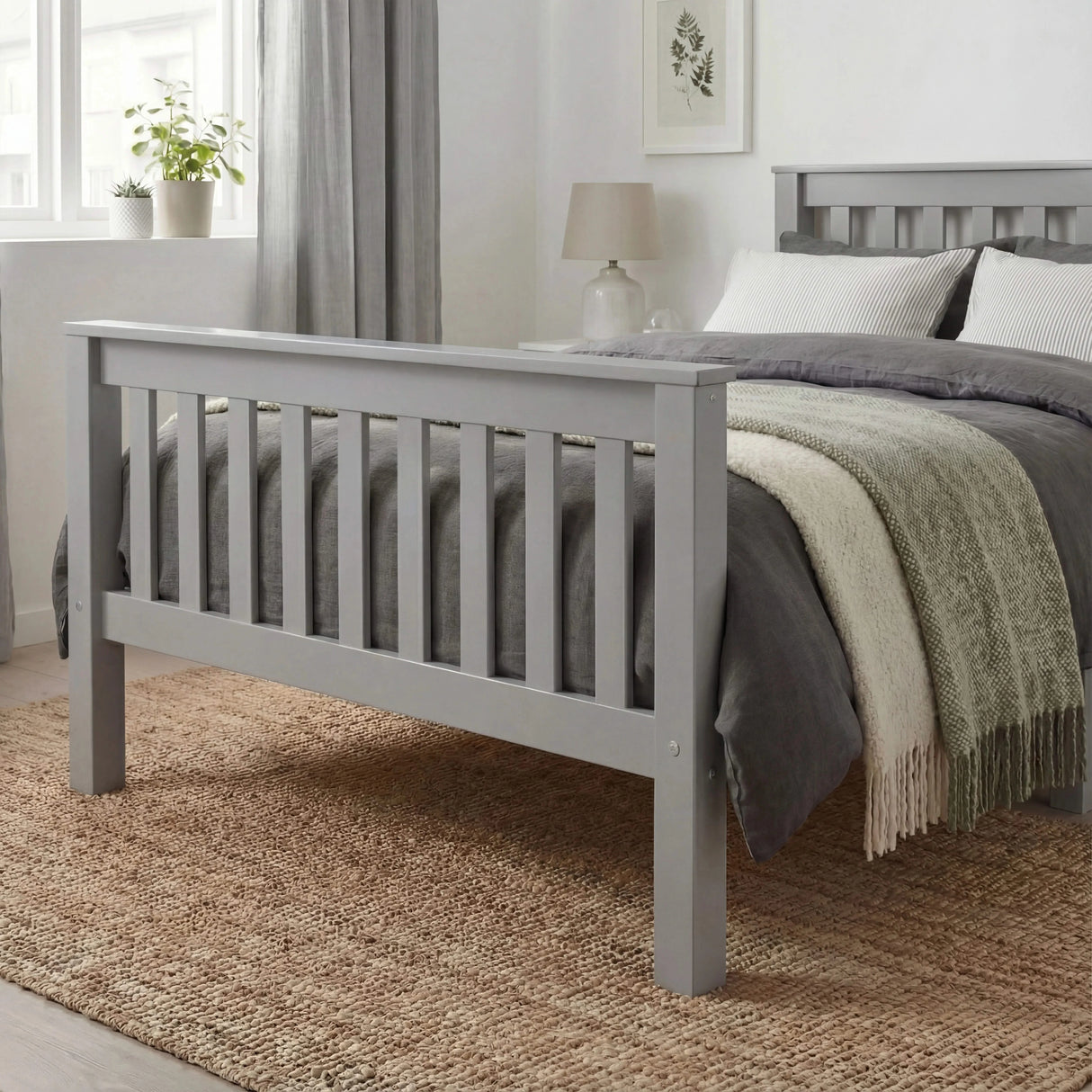[Single | Grey] Foot-end detail of Shaker bed with matching slat footboard and bedding draped over top edge
