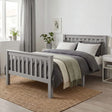 [Single | Grey] Side angle of Shaker-style slatted wooden single bed with matching headboard and footboard in styled room