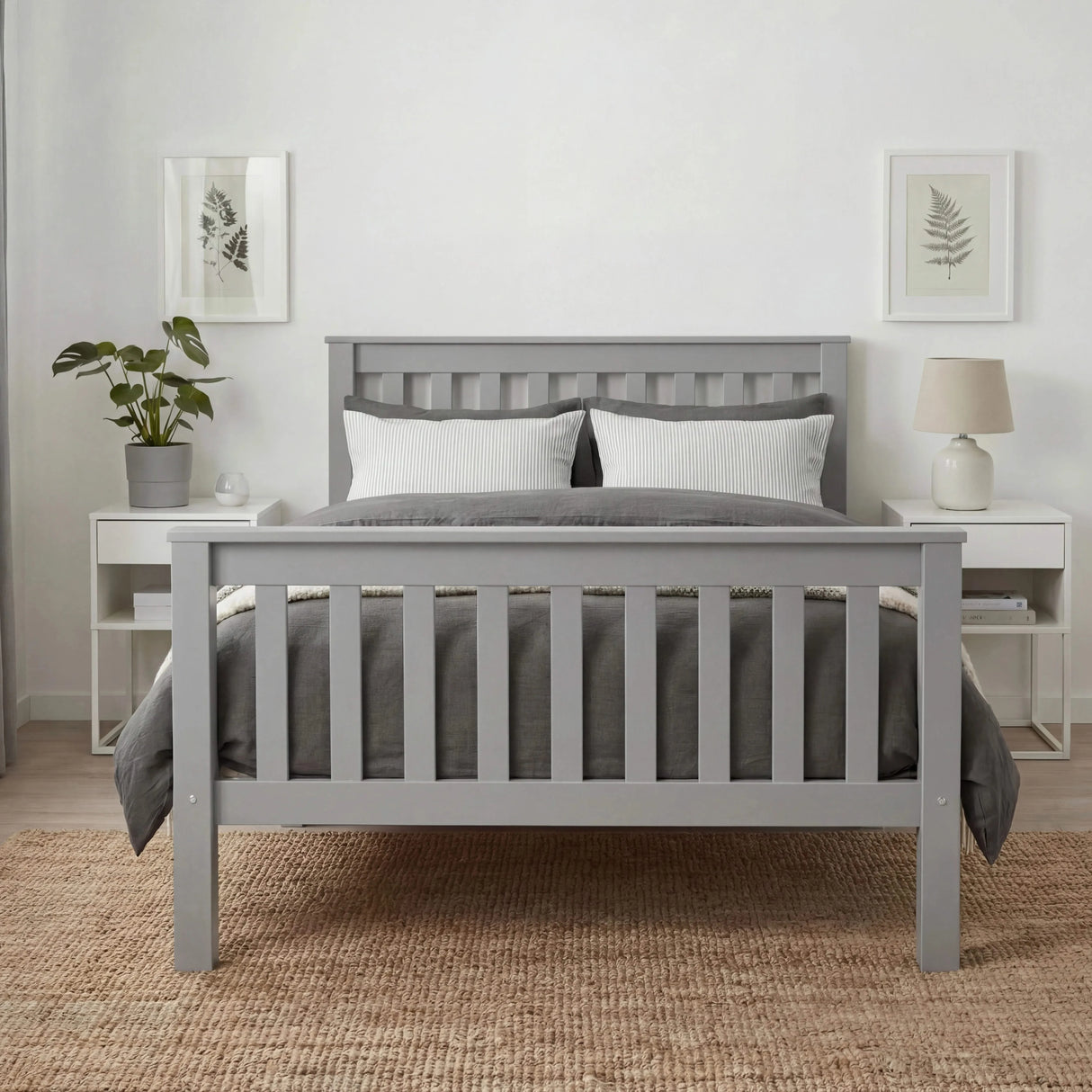 [Single | Grey] Front-on grey wooden single bed in room, white nightstands either side with lamp right and plant