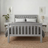 [Single | Grey] Front-on grey wooden single bed in room, white nightstands either side with lamp right and plant