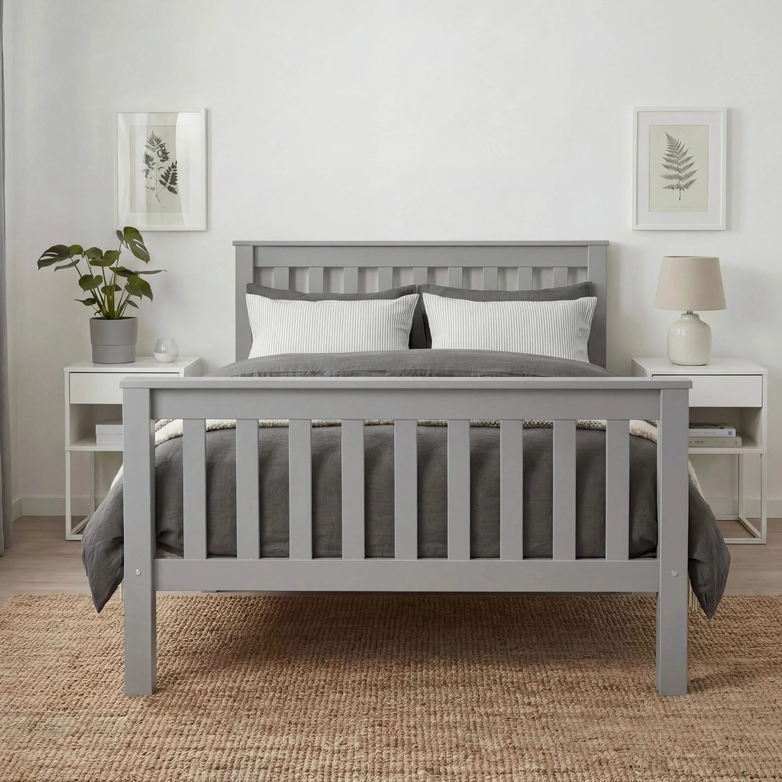 [Single | Grey] Front-on grey wooden single bed in room, white nightstands either side with lamp right and plant