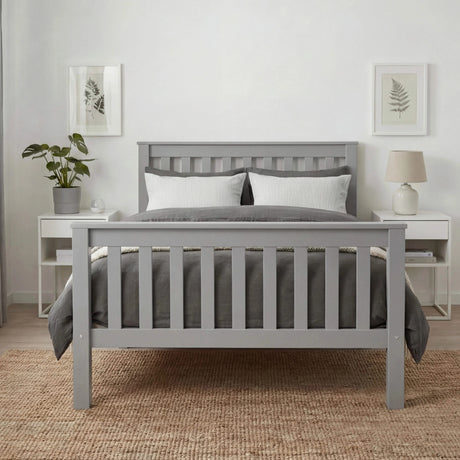 [Single | Grey] Front-on grey wooden single bed in room, white nightstands either side with lamp right and plant