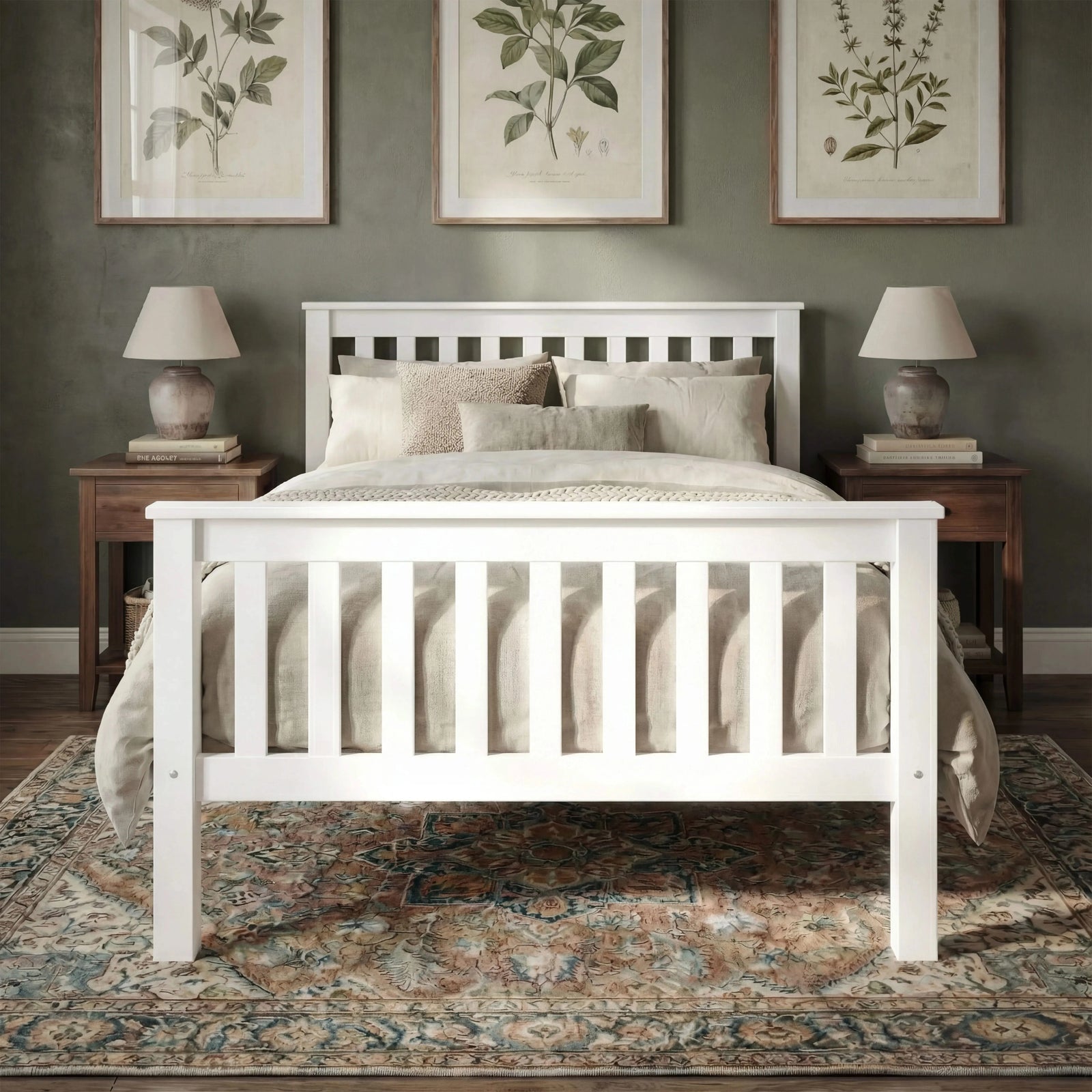 [Single | White] Front view of Shaker slatted wooden single bed centred between matching nightstands with lamps