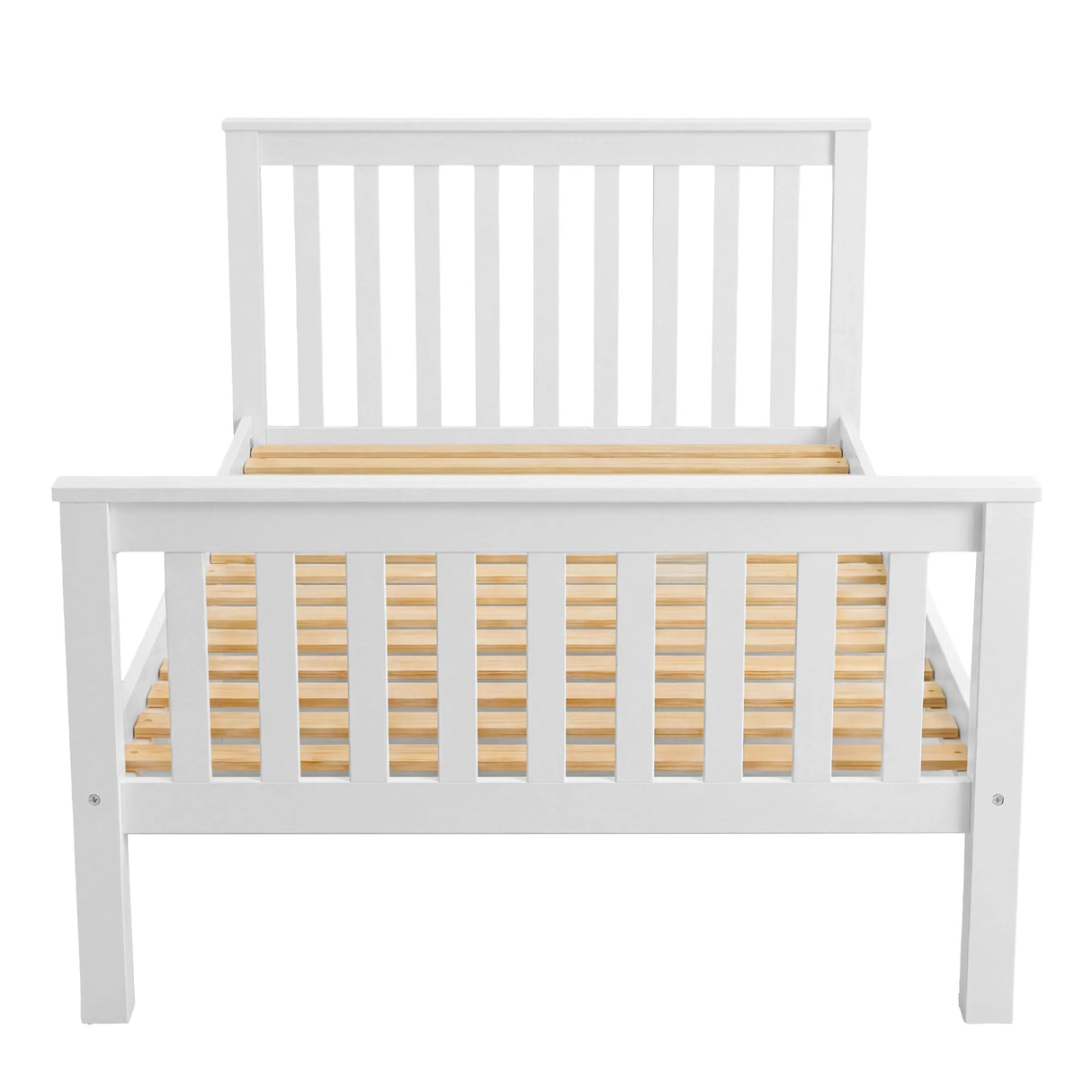 [Single | White] Wooden single bed from the front on white background showing full frame with slats