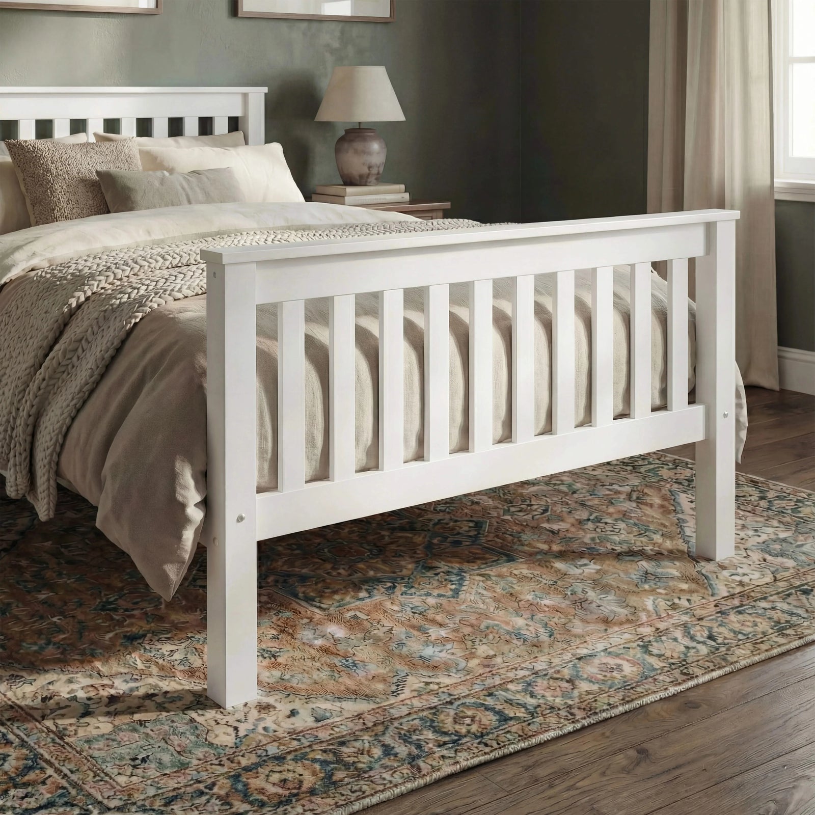 [Single | White] Footboard view of white wooden single bed, slatted shaker panel above patterned area rug