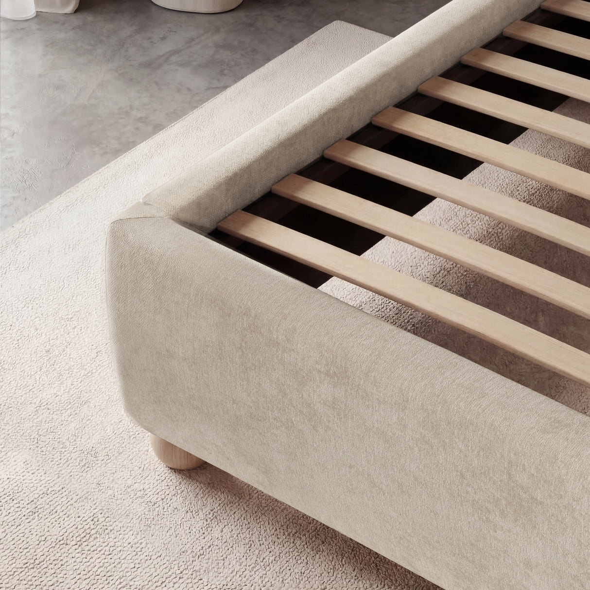 [Double | Beige] Close view of wooden slattted design of beige upholstered double bed frame for full mattress support
