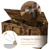 Wooden storage box with open lid, showing hinges and safety features on a white background.