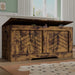 Rustic wooden storage chest with lid, ideal for storing blankets, clothes, or toys. Features arrow design panels and fits in kids' or living rooms.