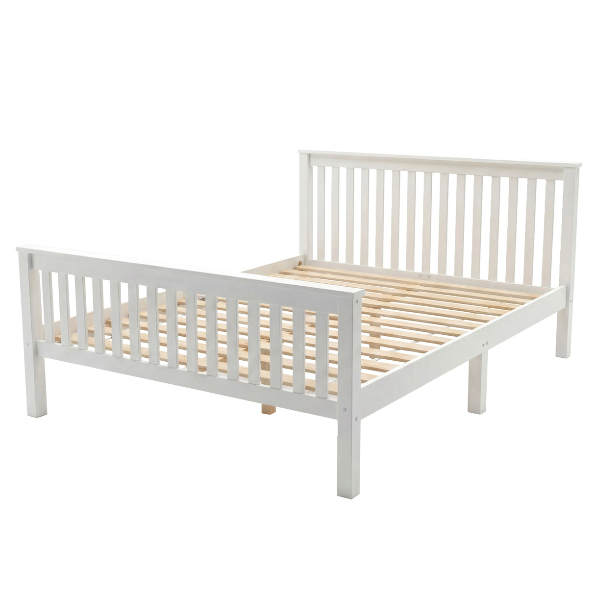 Double bed frame constructed with vertical slat rails at both ends and a flat wooden base supported by multiple legs in white