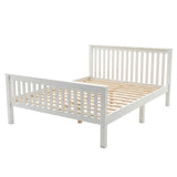 Double bed frame constructed with vertical slat rails at both ends and a flat wooden base supported by multiple legs in white