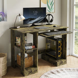 Home office computer desk with shelves in rustic wood finish, featuring a pull-out keyboard tray and storage space for PC, books, and accessories.