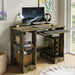 Home office computer desk with shelves in rustic wood finish, featuring a pull-out keyboard tray and storage space for PC, books, and accessories.