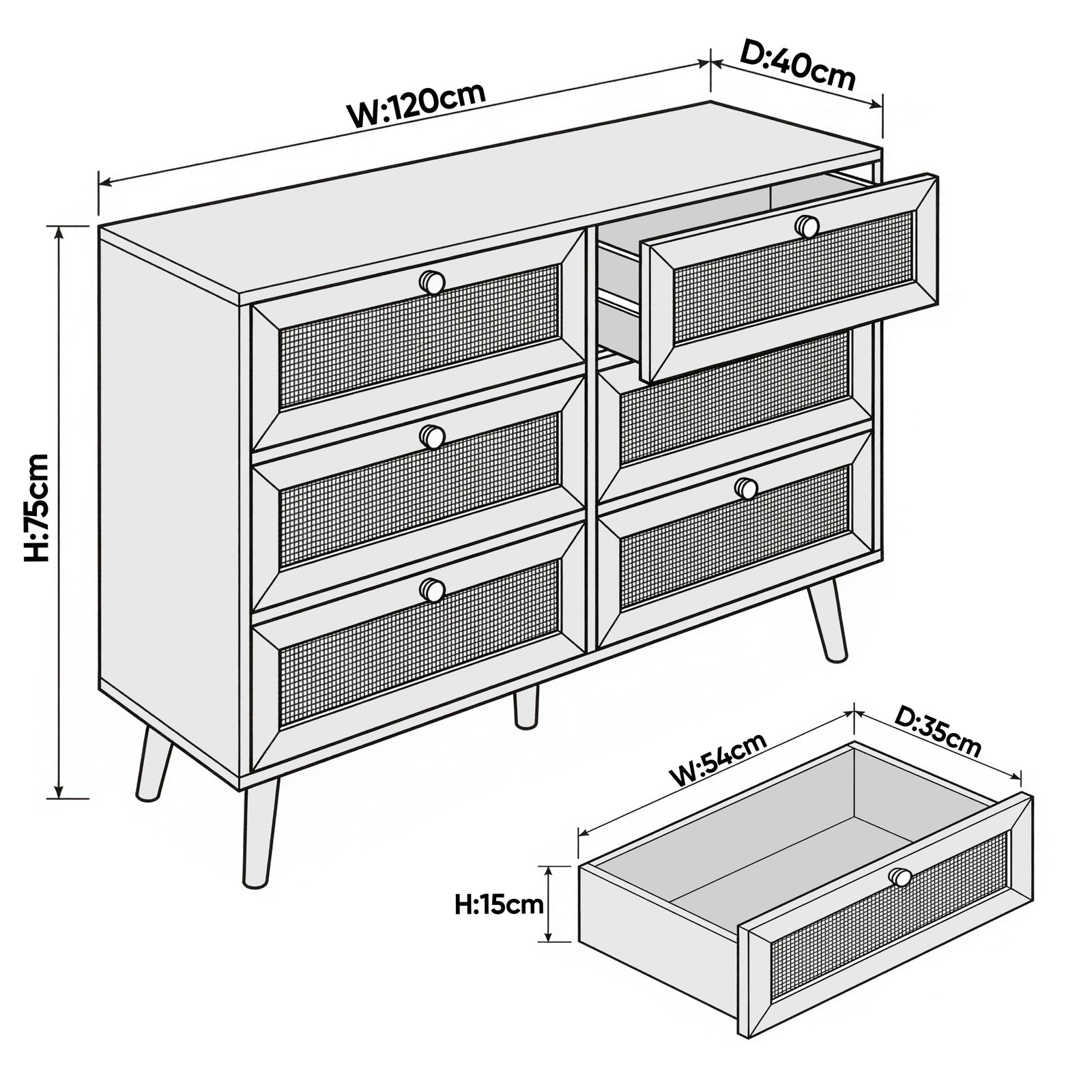 [Oak Effect] Wovena wide chest dimension diagram showing 120cm width, 40cm depth, and 75cm height measurements