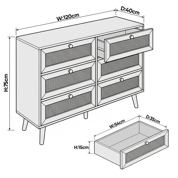 [Oak Effect] Wovena wide chest dimension diagram showing 120cm width, 40cm depth, and 75cm height measurements
