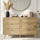 [Oak Effect] Wovena rattan wide 6 chest of drawers shown at angle showing six cane panels in two over four layout