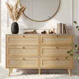 [Oak Effect] Wovena rattan wide 6 chest of drawers shown at angle showing six cane panels in two over four layout