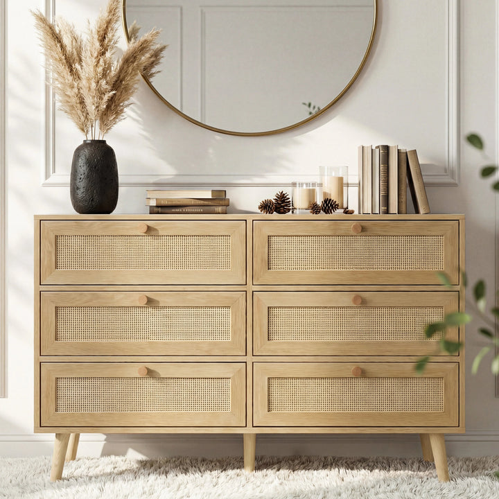 [Oak Effect] Wovena rattan wide 6 chest of drawers shown at angle showing six cane panels in two over four layout