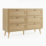 [Oak Effect] Wovena rattan wide 6 chest of drawers styled in panelled room with framed wall art behind