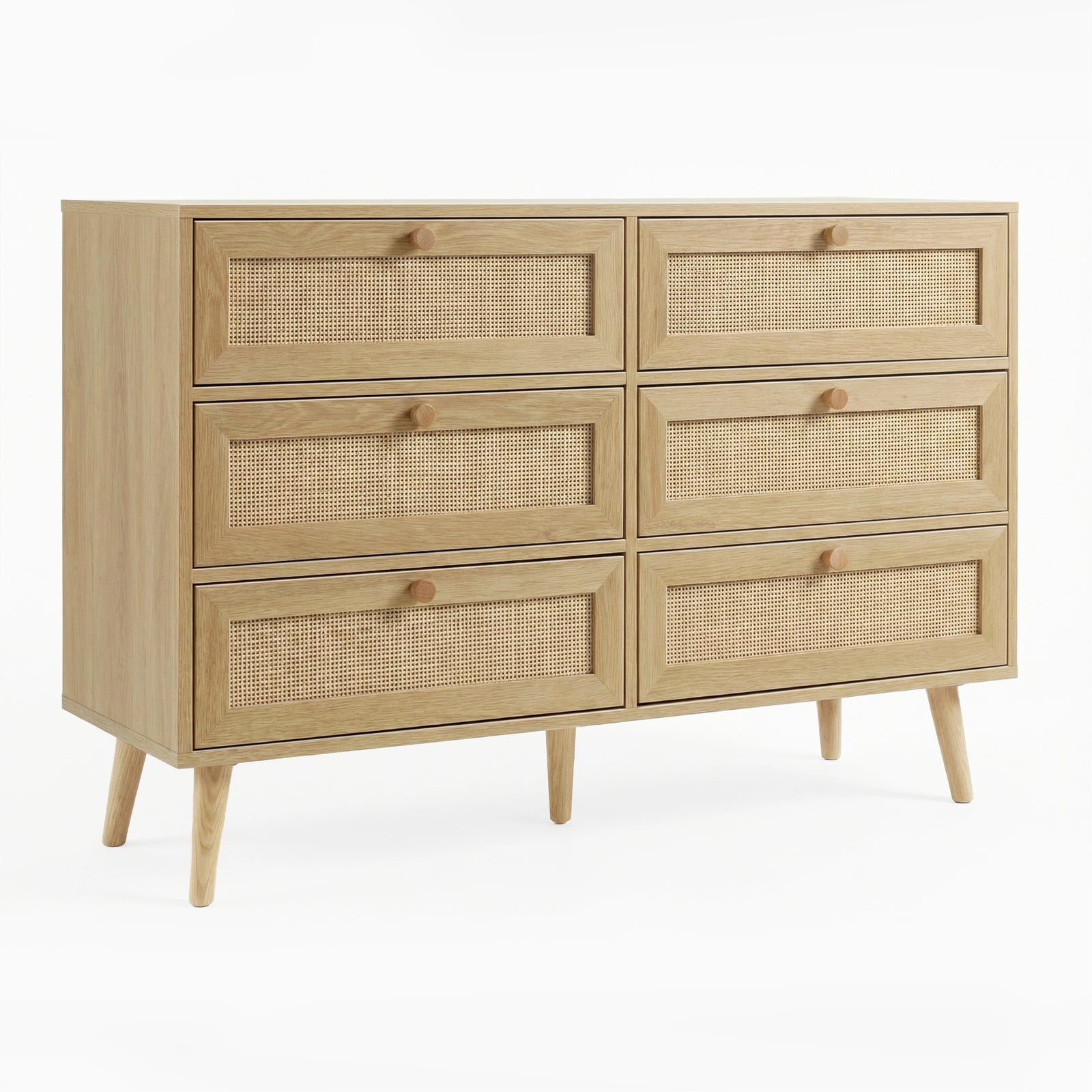 [Oak Effect] Wovena rattan wide 6 chest of drawers styled in panelled room with framed wall art behind