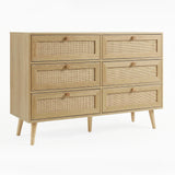 [Oak Effect] Wovena rattan wide 6 chest of drawers styled in panelled room with framed wall art behind