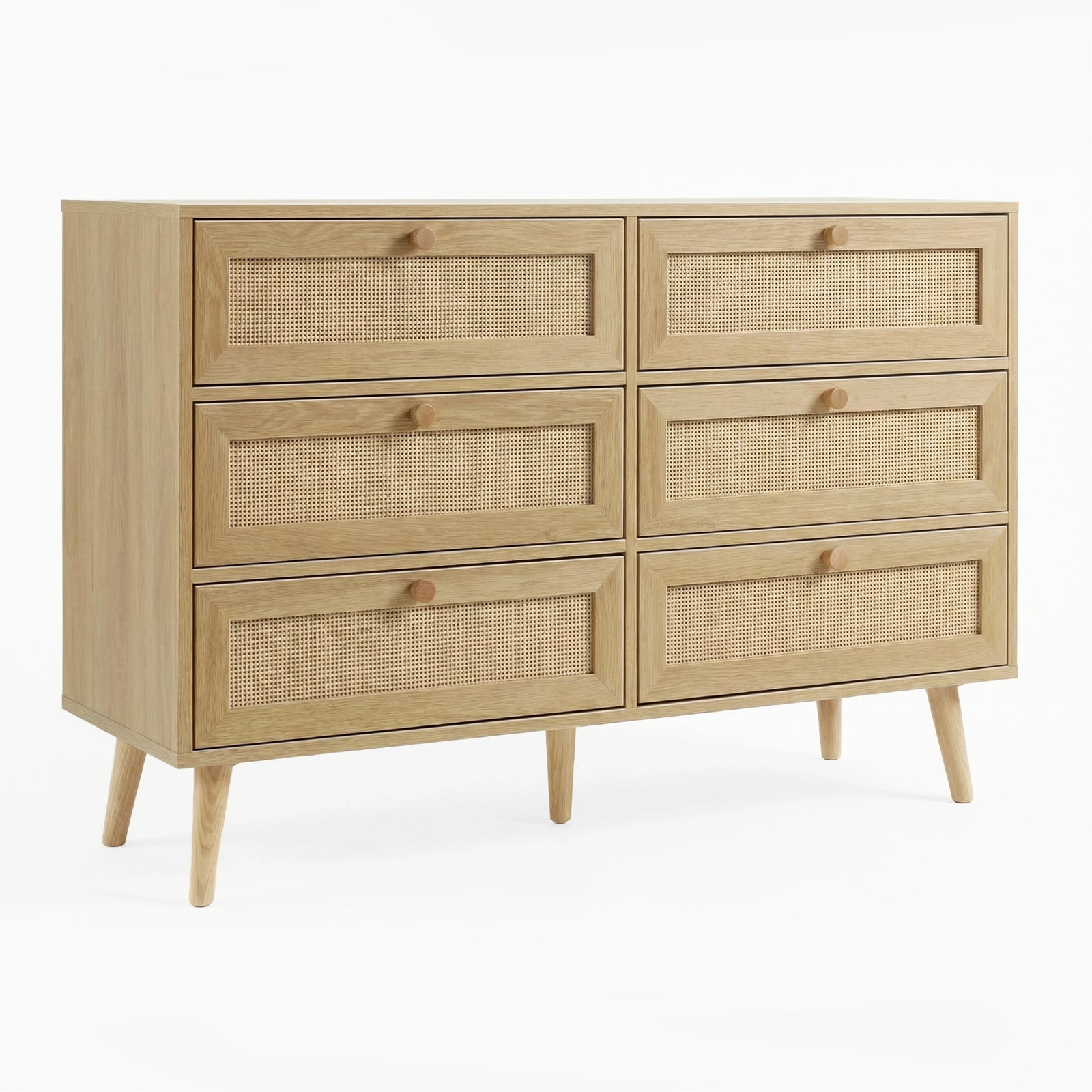 [Oak Effect] Wovena rattan wide 6 chest of drawers styled in panelled room with framed wall art behind