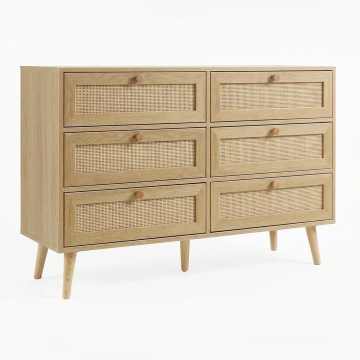 [Oak Effect] Wovena rattan wide 6 chest of drawers styled in panelled room with framed wall art behind