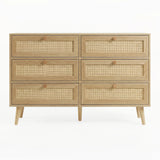 [Oak Effect] Wovena wide chest front view showing full 2x3 rattan drawer grid, hardwood knobs, and splayed legs