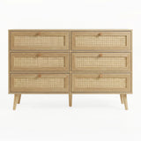 [Oak Effect] Wovena wide chest front view showing full 2x3 rattan drawer grid, hardwood knobs, and splayed legs