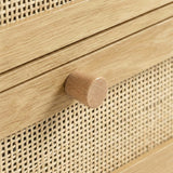 [Oak Effect] Macro Wovena rattan wide 6 chest of drawers showing pale pine pull and woven cane mesh below