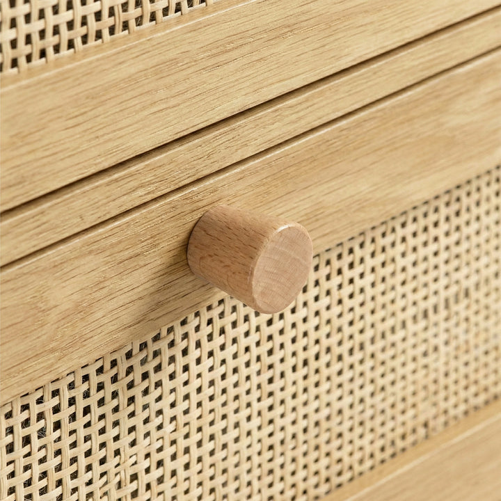 [Oak Effect] Macro Wovena rattan wide 6 chest of drawers showing pale pine pull and woven cane mesh below
