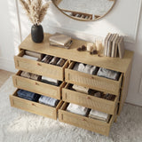 [Oak Effect] Wovena rattan wide 6 chest of drawers fully open displaying internal storage in two rows