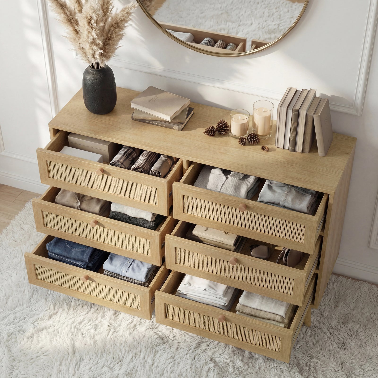 [Oak Effect] Wovena rattan wide 6 chest of drawers fully open displaying internal storage in two rows