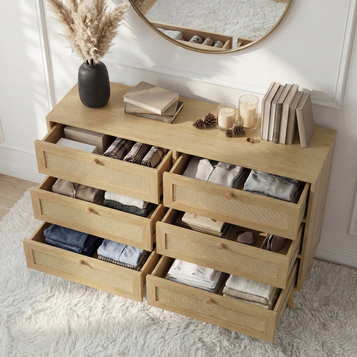 [Oak Effect] Wovena rattan wide 6 chest of drawers fully open displaying internal storage in two rows
