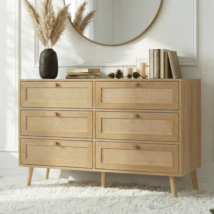[Oak Effect] Wovena rattan wide 6 chest of drawers head-on with cane fronts and pine knob handles