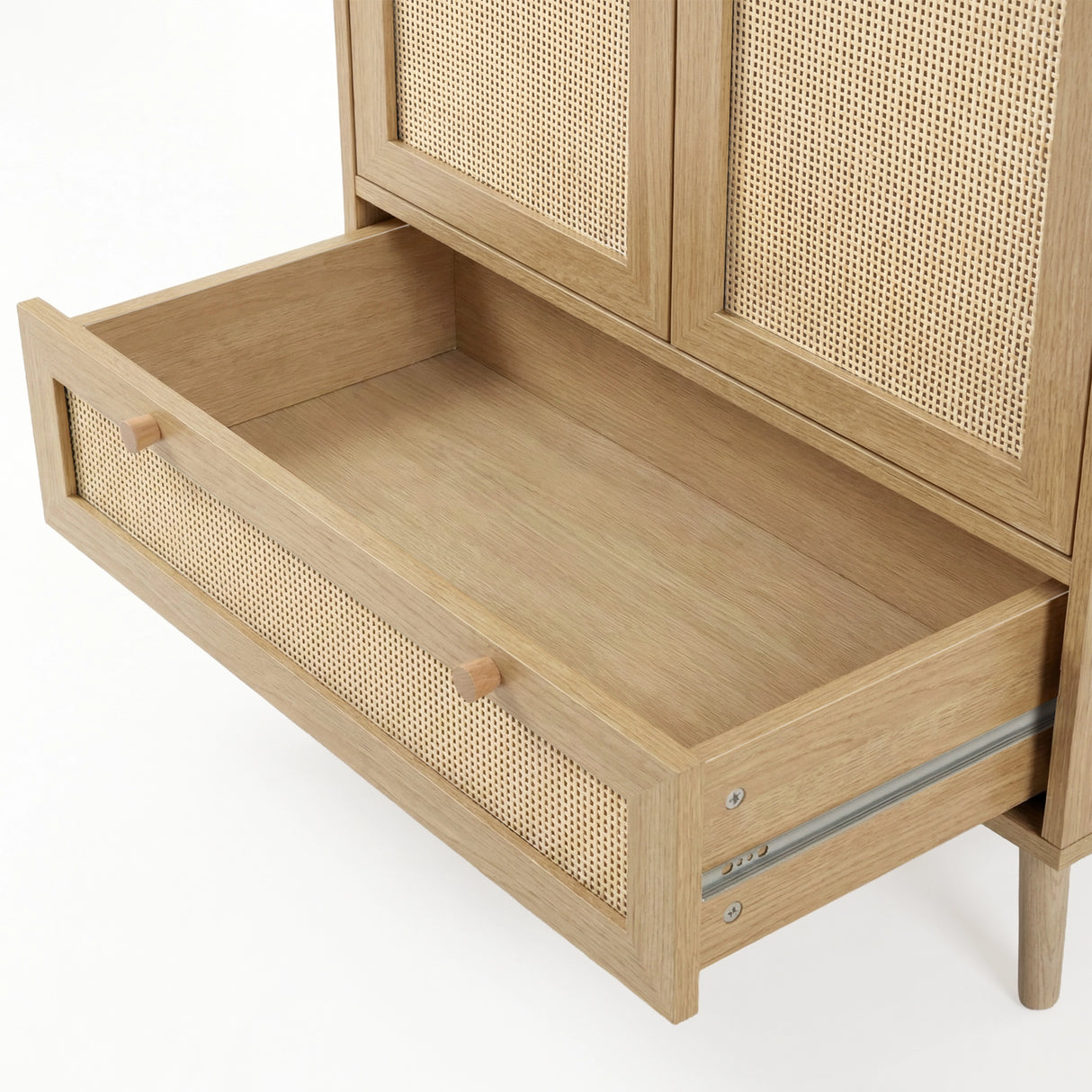 [Oak] Wovena rattan 2 door wardrobe base drawer open, oak-effect interior, pine cut-out handle