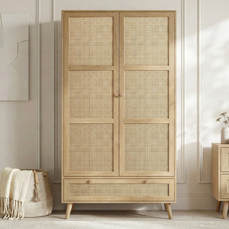 [Oak] Wovena rattan 2 door wardrobe front-on, twin cane panels per door, base drawer, knobs