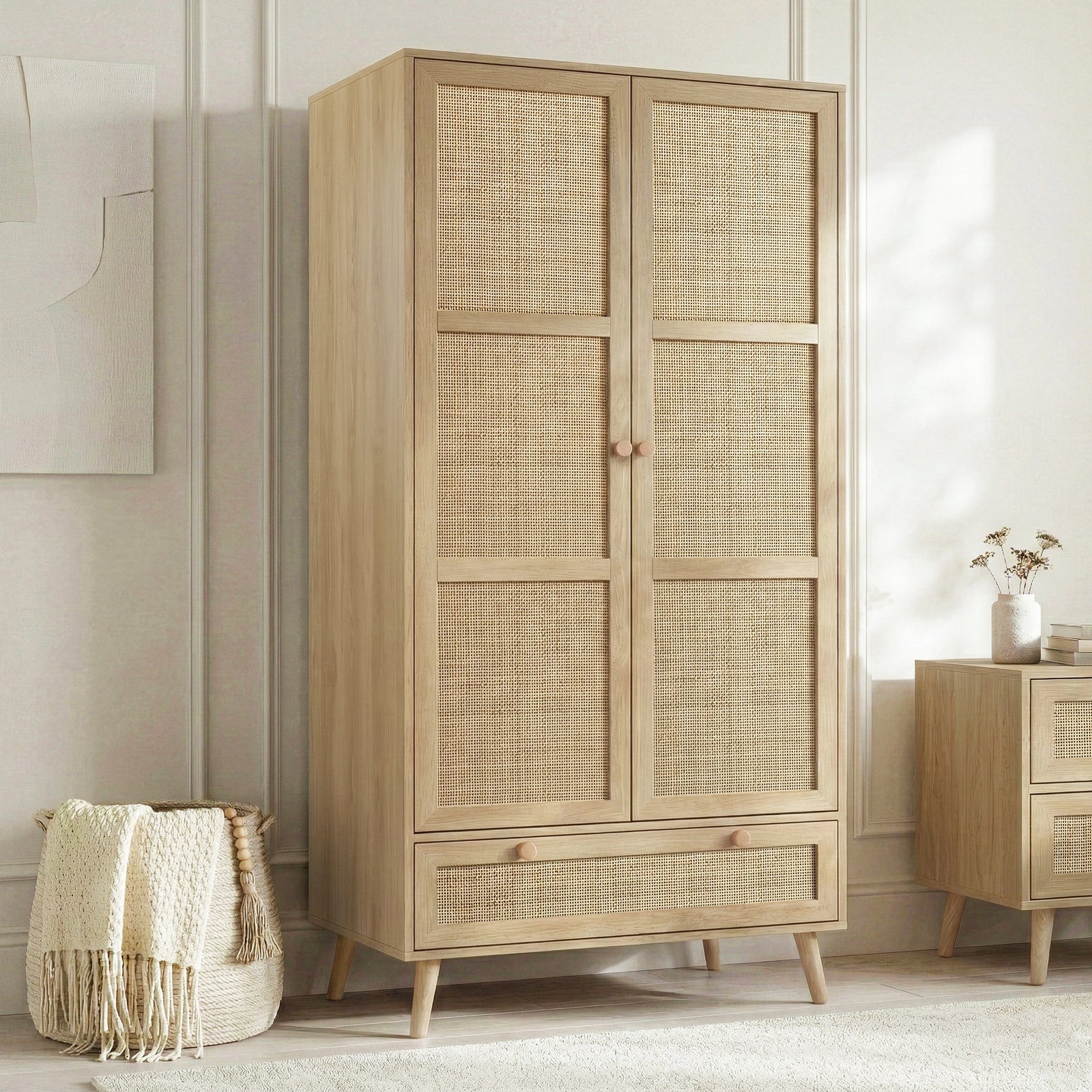 [Oak] Wovena rattan 2 door wardrobe angled, rattan panels, drawer, pine knobs, splayed legs