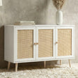 [White] Wovena Rattan 3 Door Sideboard - Adjustable Shelf White shown from an angled perspective in a styled room layout.