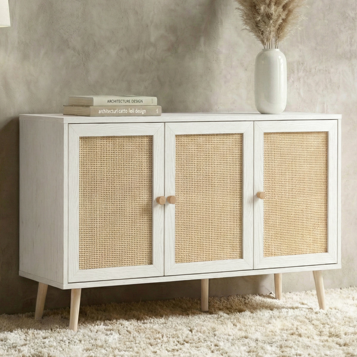 Woven Rattan 3 Door Sideboard Cabinet Storage