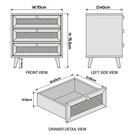 [Oak Effect] Wovena rattan chest of drawers diagram: 70 x 40 x 75.5 cm, legs 14 cm, drawer interior 63 x 35 x 16 cm