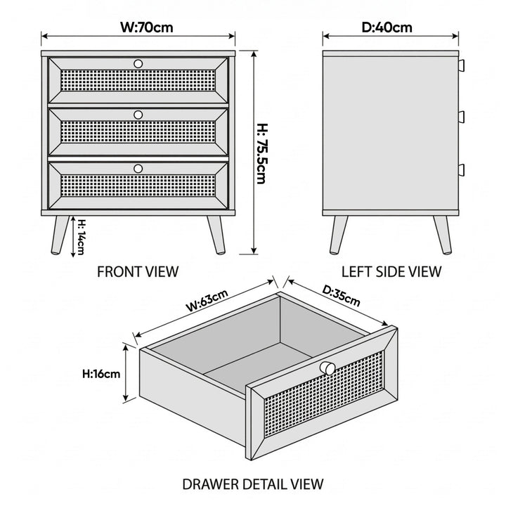 [Oak Effect] Wovena rattan chest of drawers diagram: 70 x 40 x 75.5 cm, legs 14 cm, drawer interior 63 x 35 x 16 cm