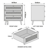 [Oak Effect] Wovena rattan chest of drawers diagram: 70 x 40 x 75.5 cm, legs 14 cm, drawer interior 63 x 35 x 16 cm